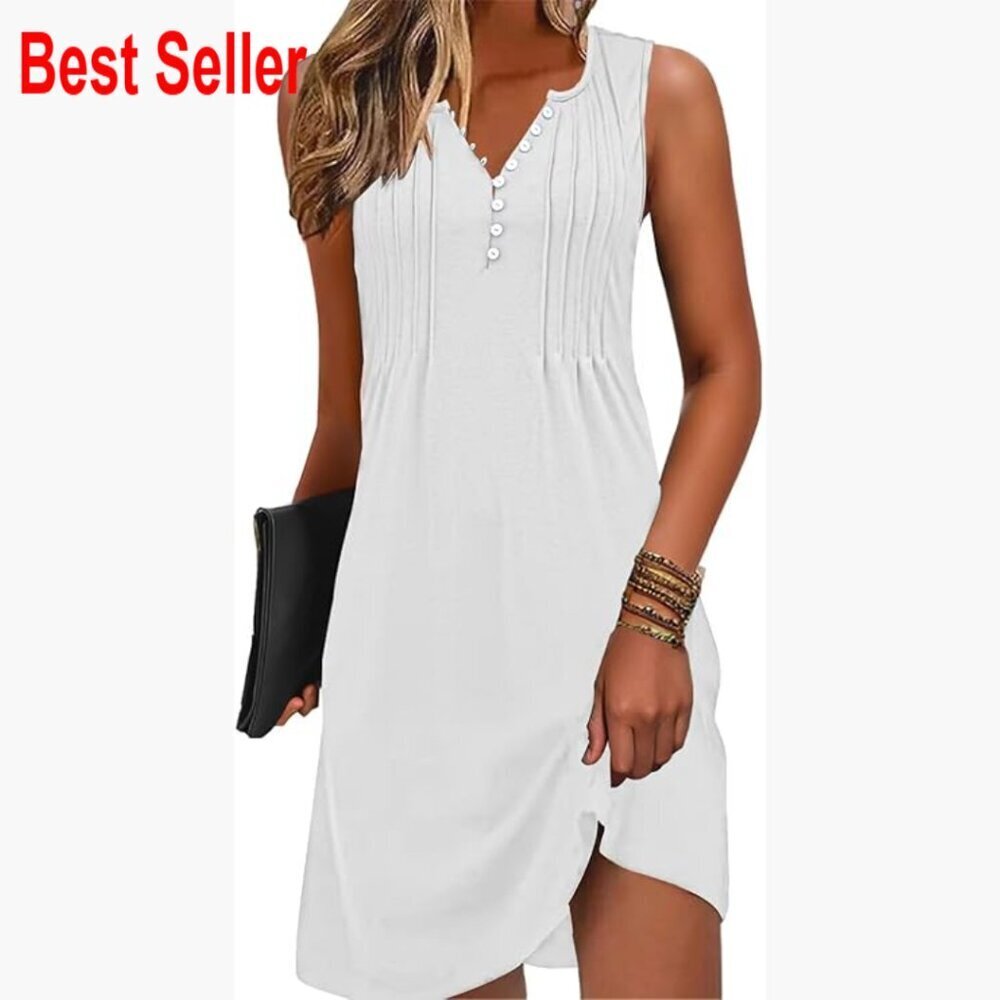 Polyester Rayon Spandex V-Neck Sleeveless Casual Sundress with Pockets
